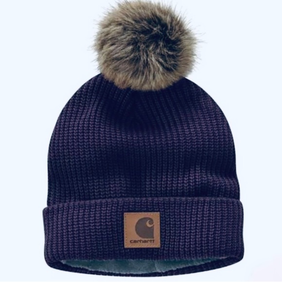 Carhartt Accessories - NEW Carhartt Knit Fleece Lined Beanie w/ Fur Pom Pom in Nocturnal Haze (Purple)